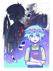  2boys basil_(headspace)_(omori) basil_(omori) blue_overalls book footprints green_eyes green_hair head_wreath highres holding holding_book looking_at_viewer multiple_boys noose omori overalls photo_(object) shirt short_hair something_(omori) spoilers stranger_(omori) t-shirt vb4but white_eyes yellow_shirt 