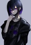  1boy absurdres androgynous ask2_x chain commentary_request cross ear_piercing earrings flower highres jewelry mask mask_pull mole mole_under_eye mouth_mask original piercing purple_flower ring short_hair single_earring skull spiked_ear_piercing sweater violet_eyes 