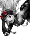  1girl :d arm_up black_bodysuit blazpu bodysuit breasts elbow_pads floating_hair goggles goggles_on_head greyscale highres long_hair looking_at_viewer monochrome night_vision open_mouth persona persona_5 sakura_futaba simple_background small_breasts smile solo spot_color upper_body violet_eyes white_background 