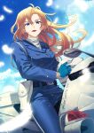  1girl badge blonde_hair blue_eyes blue_sky clouds commentary_request dated_commentary day feathers floating_hair gloves hagiwara_chihaya helmet highres holding holding_helmet long_hair looking_at_viewer meitantei_conan on_motorcycle police police_uniform policewoman red_lips remsor076 side_part signature sky solo twitter_username uniform unworn_headwear unworn_helmet white_feathers white_gloves 