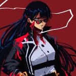  1girl black_coat black_hair blood blood_on_clothes blood_on_face cigarette coat contempt_awe_(e.g.o) e.g.o_(project_moon) lawzanid limbus_company long_hair project_moon red-tinted_eyewear red_background red_eyes ryoshu_(project_moon) sidelocks smoking solo sunglasses tinted_eyewear upper_body very_long_hair 