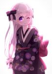  1girl ;) absurdres back_bow black_bow black_kimono bow closed_mouth commentary_request fate/extra fate_(series) floral_print hair_bow highres japanese_clothes kimono long_hair long_sleeves looking_at_viewer nursery_rhyme_(fate) obi one_eye_closed print_kimono sash simple_background sleeves_past_fingers sleeves_past_wrists smile solo striped_bow very_long_hair violet_eyes white_background white_bow white_hair wide_sleeves yuya090602 