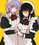  2girls absurdres apron black_hair black_nails bow bowtie chainsaw_man ear_piercing earrings fami_(chainsaw_man) highres jewelry looking_at_viewer maid_day multiple_girls multiple_moles piercing purple_hair red_bow red_bowtie red_eyes ringed_eyes sailen0 scar scar_on_face violet_eyes white_apron yellow_background yoru_(chainsaw_man) 