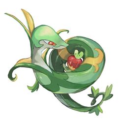  apple applin colored_skin constriction food fruit green_skin high_collar highres looking_at_another no_humans oisisabatugun pokemon pokemon_(creature) pokemon_focus red_apple red_eyes serperior slit_pupils smile snake solid_oval_eyes stalk_eyes 