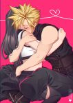  1boy 1girl absurdres artist_name baggy_pants bare_shoulders black_hair black_skirt black_thighhighs blonde_hair blush closed_eyes cloud_strife commentary couple crop_top feet_out_of_frame final_fantasy final_fantasy_vii final_fantasy_vii_rebirth final_fantasy_vii_remake heart highres hug long_hair low-tied_long_hair midriff pants pink_background reishichi ribbed_sweater short_hair sitting skirt sleeveless sleeveless_turtleneck spiky_hair suspenders sweater symbol-only_commentary tank_top thigh-highs tifa_lockhart turtleneck turtleneck_sweater wariza white_tank_top 