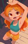  1girl :d armpit_crease armpits arms_up bracelet breasts earrings fang foreshortening from_above highres jewelry long_hair looking_at_viewer looking_up midriff navel open_mouth orange_eyes orange_hair orange_shorts original outdoors shorts skin_fang small_breasts smile solo sports_bra takarai_shunsuke yellow_nails 