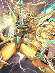  1boy absurdres alternate_form armor aura colored_skin digimon digimon_(creature) dragon electricity energy_wings fewer_digits gold_armor gold_helmet gold_skin highres magnamon_x-antibody powering_up red_eyes solo willd_01 yellow_skin 