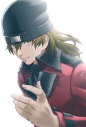  1boy aragaki_shinjirou beanie birthday black_hat black_sweater brown_eyes brown_hair closed_mouth coat hair_between_eyes hat highres light_smile long_sleeves looking_at_viewer male_focus masatoshi_1219 medium_hair mixed-language_commentary persona persona_3 red_coat solo sweater turtleneck turtleneck_sweater upper_body white_background 