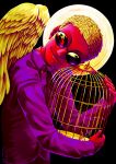  1boy absurdres aged_down bird birdcage black_background blonde_hair cage child colored_skin death donquixote_doflamingo feathered_wings ginkochama halo highres holding holding_cage looking_at_viewer one_piece purple_shirt red_skin shirt short_hair smile sunglasses upper_body wings 