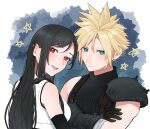  1boy 1girl armor bare_shoulders black_gloves black_hair blonde_hair blue_eyes blush breasts closed_mouth cloud_strife commentary_request crop_top crossed_arms earrings elbow_gloves final_fantasy final_fantasy_vii final_fantasy_vii_rebirth final_fantasy_vii_remake gloves hair_behind_ear hair_between_eyes highres jewelry light_blush long_hair looking_at_viewer looking_to_the_side medium_breasts open_mouth red_eyes short_hair shoulder_armor single_bare_shoulder single_earring single_sidelock sleeveless sleeveless_turtleneck smile spiky_hair star_(symbol) stud_earrings suspenders sweater swept_bangs tank_top tifa_lockhart togi turtleneck turtleneck_sweater upper_body white_tank_top 
