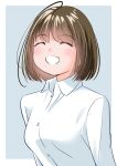  1girl arms_at_sides blush brown_hair closed_eyes collared_shirt hair_between_eyes light_blue_background original shirt short_hair smile upper_body white_shirt yamanaka_kouji_(yanchiki2001) 