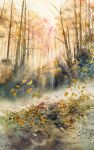  bare_tree bush forest grass highres m_acquerello nature no_humans original painting_(medium) plant scenery sunlight sunrise traditional_media tree watercolor_(medium) 