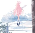  1girl absurdres ahoge blue_archive from_behind full_body halo highres hoshino_(blue_archive) long_hair long_sleeves lyrinne outdoors outstretched_arms pink_hair shirt shoes skirt sneakers socks solo spread_arms walking white_shirt white_socks 