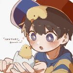  1boy absurdres baseball_cap bird black_hair blue_eyes chick child egg haru-cho hat hatchlings highres holding male_focus mother_(game) mother_2 ness_(mother_2) open_mouth shirt short_hair solo striped_clothes striped_shirt translation_request upper_body 