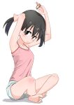  1girl bare_shoulders barefoot black_hair blush camisole holding_hair_tie indian_style kuraue_hinata looking_at_viewer ryuuma_(norinori_taruto) short_hair short_shorts shorts simple_background sitting sketch solo toes tying_hair violet_eyes white_background yama_no_susume 