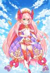  1girl :o age_of_ishtaria anteros_(age_of_ishtaria) arrow_(projectile) blue_sky bow bow_(weapon) cape clouds copyright_notice dress frills gloves green_eyes hair_bow hat highres looking_at_viewer mini_wings munlu_(wolupus) official_art pink_hair red_bow red_cape red_gloves red_headdress red_thighhighs sky solo thigh-highs weapon white_dress white_hat wings 