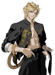  1boy 37drg abs absurdres animal_ears belt black_jacket black_pants blonde_hair chinese_clothes cowboy_shot head_tilt highres holding holding_belt jacket light_smile lion_boy lion_ears lion_tail looking_at_viewer male_focus medium_hair no_shirt open_clothes open_jacket original pants parted_bangs pectoral_cleavage pectorals simple_background sleeves_rolled_up solo tail tail_around_arm toned toned_male white_background yellow_eyes 