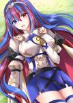  1girl alear_(female)_(fire_emblem) alear_(fire_emblem) armor blue_eyes blue_hair braid breasts cape crossed_bangs crown_braid fire_emblem fire_emblem_engage gloves heterochromia highres kirishima_riona long_hair looking_at_viewer multicolored_hair red_eyes redhead solo split-color_hair tiara two-tone_hair 