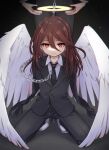  1boy 1girl amputee androgynous angel angel_devil_(chainsaw_man) angel_wings black_jacket black_necktie black_pants black_suit buttons chain chainsaw_man closed_mouth collared_shirt double_amputee feathered_wings frown full_body glowing glowing_eyes hair_between_eyes halo head_out_of_frame highres jacket knees_apart_feet_together large_wings leftporygon long_hair long_sleeves makima_(chainsaw_man) necktie pants red_eyes redhead shirt solo_focus squatting standing straight-on suit suit_jacket white_footwear white_shirt white_wings wings yellow_halo 