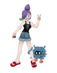  black_shirt girl instagram_username jhonnyboyarts nintendo original_character pokemon pokemon_(creature) pokemon_trainer purple_hair shorts tangela trainers 