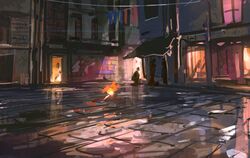  3others abandoned building dark door fire graffiti highres light multiple_others original reflective_floor road sanegesan scenery shadow street window 