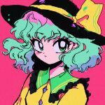  1980s_(style) 1girl black_hat blush_stickers buttons chinese_commentary closed_mouth commentary_request diamond_button film_grain frilled_shirt_collar frills from_behind green_eyes green_hair hat hat_ribbon komeiji_koishi notwugui pink_background portrait retro_artstyle ribbon shirt short_hair simple_background solo touhou yellow_ribbon yellow_shirt 