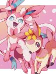  animal_focus blue_fur blue_sclera bow bright_pupils claws closed_mouth colored_sclera deer deerling deerling_(spring) flower gradient_background highres hooves kechon-san looking_at_viewer multicolored_fur no_humans open_mouth pink_background pink_fur pokemon pokemon_(creature) ribbon smile sylveon white_fur white_pupils yellow_fur 