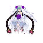  1girl alternate_costume artist_request back_ribbon bare_shoulders beads breasts bridal_garter bridal_veil collar collarbone dress elbow_gloves final_gear flower full_body gloves green_hair heart heart_necklace heart_ornament highres jewelry lace-trimmed_veil lace_trim looking_at_viewer mecha_musume mechanical_parts medium_breasts necklace nia_(final_gear) no_shoes official_alternate_costume official_art purple_flower purple_petals purple_rose ribbon rose see-through see-through_thighhighs see-through_veil short_hair simple_background solo tachi-e thigh-highs third-party_source tiara transparent_background veil violet_eyes wedding_dress white_collar white_dress white_gloves white_ribbon white_tiara 