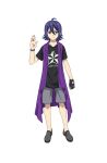  1boy ahoge black_gloves black_shirt closed_mouth fingerless_gloves full_body gloves grey_footwear grey_shorts hair_between_eyes hand_up highres jewelry king_of_prism king_of_prism:_shiny_seven_stars looking_at_viewer male_focus necklace official_art pretty_rhythm pretty_series purple_hair purple_scarf ring scarf second-party_source shirt shoes short_hair short_sleeves shorts simple_background single_glove solo standing suzuno_yuu t-shirt tachi-e transparent_background violet_eyes 