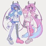  2others asymmetrical_legwear black_gloves black_thighhighs blue_eyes blue_hair braid fingerless_gloves full_body gloves hand_up highres horns long_hair long_sleeves looking_at_viewer meika_hime meika_mikoto mismatched_legwear mochi_(na_si) multiple_others open_mouth pink_thighhighs purple_hair purple_thighhighs shoes simple_background standing thigh-highs thigh_strap very_long_hair violet_eyes vocaloid white_background 