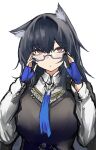  1girl :o absurdres adjusting_eyewear animal_ear_fluff animal_ears arknights bespectacled black_hair black_vest blue_gloves blue_necktie brown_eyes collared_shirt commentary_request fingerless_gloves glasses gloves hair_between_eyes hands_up highres long_hair long_sleeves looking_at_viewer mitarashi_renge necktie official_alternate_costume parted_lips partial_commentary purple-framed_eyewear semi-rimless_eyewear shirt short_necktie simple_background sketch solo split_mouth texas_(arknights) texas_the_omertosa_(arknights) under-rim_eyewear upper_body vest violet_eyes white_background white_shirt wolf_ears wolf_girl 