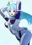  absurdres alternate_color arms_behind_head arms_up belt blue_hair bodysuit breasts gloves highres kula_diamond long_hair looking_at_viewer medium_breasts signature simple_background smile strikebeagle the_king_of_fighters violet_eyes white_background zipper 