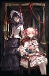  2girls absurdres akemi_homura armchair black_hair bow capelet chair dress expressionless feet_out_of_frame flower frilled_dress frilled_skirt frills hair_bow hallway highres holding_candle_stand kaname_madoka layered_skirt long_hair mahou_shoujo_madoka_magica mento multiple_girls neck_ribbon parted_lips picture_frame pink_dress pink_eyes pink_hair purple_bow purple_capelet purple_dress red_bow red_ribbon ribbon rose shirt short_hair short_twintails sitting skirt smile standing thigh-highs twintails violet_eyes white_flower white_rose white_shirt white_thighhighs 
