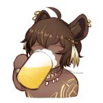  1boy ahoge alcohol animal_ear_piercing animal_ears artist_name beer beer_mug brown_hair chibi closed_eyes commentary_request cup dark-skinned_male dark_skin dog_boy dog_ears drinking earrings feather_hair_ornament feathers hair_between_eyes hair_ornament jewelry long_bangs mahjong_soul male_focus meg_(user_xszk7724) mug multiple_earrings musa_(mahjong_soul) necklace short_hair simple_background solo tooth_necklace upper_body white_background 