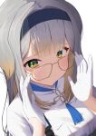  1girl :3 adjusting_eyewear black_skirt blonde_hair blue_hairband blush breasts closed_mouth collared_shirt glasses gloves gradient_hair green_eyes grey_hair hair_intakes hairband hands_on_eyewear highres large_breasts long_hair looking_at_viewer multicolored_hair nijisanji portrait shioriha_ruri shirt shoreen0504 sidelocks simple_background skirt smile solo suspender_skirt suspenders two-tone_eyes virtual_youtuber white_background white_gloves white_shirt yellow-framed_eyewear yellow_eyes 