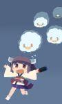  1girl absurdres ahoge blunt_bangs blush_stickers brown_eyes brown_hair chasing chibi fleeing floating_hair flying_sweatdrops grey_background handheld_game_console headgear highres holding holding_handheld_game_console japanese_clothes kimono konohoshi long_sleeves nintendo_switch no_shoes obi obiage obijime open_mouth outstretched_arms pleated_skirt purple_skirt running sash sheep short_kimono simple_background skirt socks solo spread_arms touhoku_kiritan voiceroid wavy_mouth white_kimono white_socks 