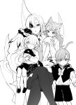  2boys 2girls :o age_difference aged_down animal_ears arlecchino_(genshin_impact) blunt_bangs blush bow bowtie capelet cat_ears cat_girl cat_tail child crossed_legs elbow_rest expressionless feet_out_of_frame freminet_(genshin_impact) frilled_sleeves frills genshin_impact greyscale hair_over_one_eye height_difference kneehighs long_hair looking_at_viewer lynette_(genshin_impact) lyney_(genshin_impact) monochrome multicolored_hair multiple_boys multiple_girls nikumiso one_eye_covered open_mouth pants pers_(genshin_impact) shoes short_hair shorts simple_background sitting sitting_on_lap sitting_on_person socks streaked_hair swept_bangs symbol-shaped_pupils tail two-tone_hair white_background x-shaped_pupils 