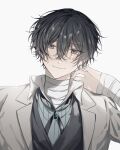  arm_up bandaged_arm bandaged_neck bandages black_hair black_vest bolo_tie brown_coat bungou_stray_dogs closed_mouth coat collared_shirt commentary commentary_request dazai_osamu_(bungou_stray_dogs) grey_eyes hair_between_eyes highres jacket looking_to_the_side male_focus shirt short_hair solo upper_body vest white_background white_shirt wing_collar yoichi_hnkn 