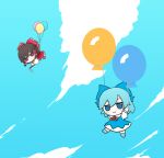  2girls balloon blue_bow blue_dress blue_hair blue_sky bow chibi cirno clouds dress facing_viewer fairy flying frilled_bow frilled_hair_tubes frills fumo_(doll) gohei hair_bow hair_tubes hakurei_reimu light_blush looking_at_viewer multiple_girls nontraditional_miko red_bow rei_(tonbo0430) ribbon_trim skirt skirt_set sky smile tagme touhou 