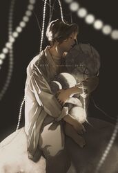  1boy barefoot beads brown_hair closed_eyes collared_shirt feet highres hugging_object male_focus moon original pants rido_(ridograph) shirt short_hair solo white_pants white_shirt 