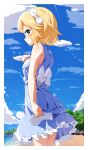  1girl beach blonde_hair blue_dress blue_sky blush bow clouds commentary_request day dress green_eyes hair_bow highres holding holding_shoes idolmaster idolmaster_cinderella_girls looking_at_viewer outdoors profile sakurai_momoka shoes short_hair sideways_glance sky smile solo unworn_shoes water yairo_ju 