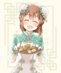  1girl ^_^ alternate_hairstyle aoaoaoaoiao blush breasts brown_hair bun_cover china_dress chinese_clothes closed_eyes cup dot_nose double_bun dress flower green_dress green_wrist_cuffs hagiwara_yukiho hair_bun hands_up highres holding holding_tray idolmaster idolmaster_(classic) idolmaster_million_live! idolmaster_million_live!_theater_days medium_breasts open_mouth see-through see-through_sleeves short_hair short_sleeves smile solo tea tray upper_body white_flower yellow_background 