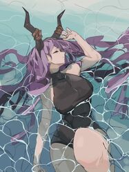  acctops arknights black_horns black_shirt highres horn_hairband horns in_water off_shoulder purple_hair shirt single_thighhigh thigh-highs typhon_(arknights) 