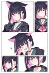  1girl absurdres animal_ears black_choker black_hair black_jacket blue_archive blush cat_ears choker closed_mouth colored_inner_hair extra_ears fang green_sailor_collar grin hair_ornament hairclip halo heart highres hood hood_down hooded_jacket jacket jyt kazusa_(blue_archive) long_sleeves multicolored_hair multiple_views open_mouth pink_hair pink_halo red_eyes sailor_collar short_hair smile v 