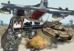  1girl aircraft alternate_costume assault_rifle blurry blurry_background brown_hair caterpillar_tracks day explosion girls_frontline gloves green_gloves gun holding holding_gun holding_weapon load_bearing_vest long_hair m1_abrams m4_carbine m4a1_(girls&#039;_frontline) machine_gun military military_uniform military_vehicle motor_vehicle multicolored_hair outdoors puffypau26 rifle scope sky solo streaked_hair tank transport_plane uniform weapon 