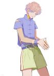  1boy belt blue_belt blue_eyes brown_hair chinese_clothes closed_mouth clothing_cutout fingernails green_shorts highres looking_at_viewer male_focus original pipopapo see-through see-through_sleeves shorts shoulder_cutout simple_background smile solo translation_request white_background 
