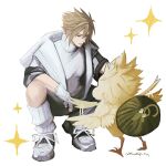  1boy almondtofu_boy alternate_costume blonde_hair chocobo closed_mouth cloud_strife commentary final_fantasy final_fantasy_vii fingerless_gloves flapping gloves hair_between_eyes highres jacket loose_socks male_focus open_clothes open_jacket ribbed_socks ribbed_sweater short_hair simple_background smile socks sparkle spiky_hair squatting sweater symbol-only_commentary turtleneck turtleneck_sweater twitter_username white_background white_gloves white_socks white_sweater 