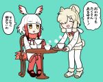  2girls alpaca_ears alpaca_girl alpaca_suri_(kemono_friends) alpaca_tail animal_ears bird_girl bird_tail bird_wings blunt_bangs blush bow bowtie bseibutsu chair closed_eyes cup frilled_sleeves frills fur_collar fur_trim gloves hair_bun hair_over_one_eye hair_tubes head_wings japanese_crested_ibis_(kemono_friends) kemono_friends loafers long_sleeves multicolored_hair multiple_girls open_mouth pantyhose pleated_skirt red_bow red_bowtie red_footwear red_fur red_gloves red_pantyhose red_skirt redhead shirt shoes short_hair shorts sidelocks sitting skirt smile sweater table tail teacup translation_request tray vest white_footwear white_fur white_hair white_pantyhose white_shirt white_shorts white_sweater white_vest wings yellow_eyes 