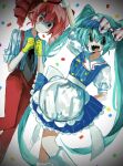  2girls @_@ absurdres apron aqua_eyes aqua_hair black_eyes black_necktie blue_dress bow buttons collared_shirt confetti diagonal-striped_bow double-breasted dress drill_hair gloves hands_up hat hatsune_miku heterochromia highres kasane_teto long_hair mesmerizer_(vocaloid) multiple_girls necktie open_mouth pants puffy_short_sleeves puffy_sleeves red_eyes red_hat red_pants redhead sharp_teeth shirt short_sleeves smile striped_clothes striped_dress striped_shirt suspenders teeth tongue tongue_out twin_drills twintails unagizaka_gohan utau vertical-striped_clothes vertical-striped_dress vertical-striped_shirt visor_cap vocaloid waist_apron waitress white_apron white_shirt yellow_gloves 