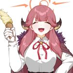 1girl aesice aru_(blue_archive) black_horns blue_archive breasts brown_coat closed_eyes coat coat_on_shoulders collared_shirt demon_horns facing_viewer food fur-trimmed_coat fur_trim gloves halo highres holding holding_food horns ice_cream large_breasts long_hair long_sleeves neck_ribbon open_mouth orange_halo pink_hair red_ribbon ribbon shirt simple_background smile solo white_background white_gloves white_shirt 
